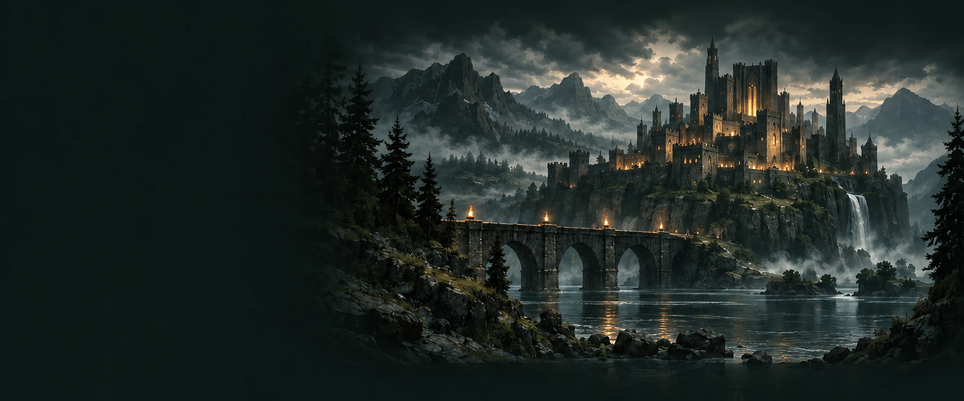 A warm-lit stone citadel above a misty lake and an ancient arched bridge